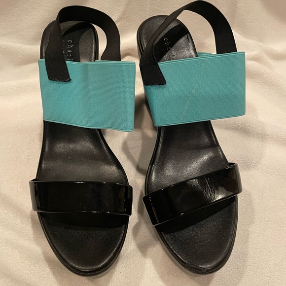 Charles David black platform wedges with teal strap - Picture 1 of 5